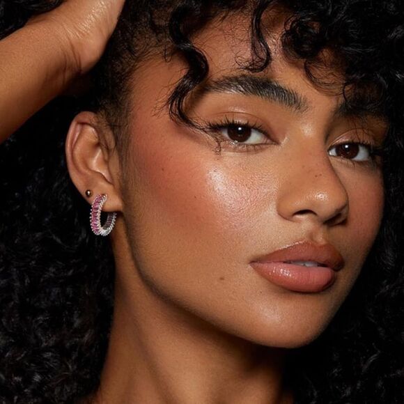 14K White Gold with Rosy Pink Sapphire Cubic Zirconia Hoop Leverback Earrings - Picture 6 of 7